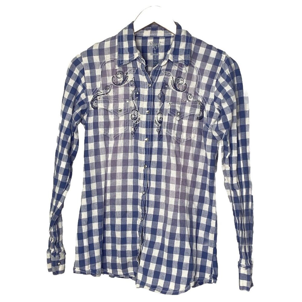 Rock 47 Wrangler Women’s western snap plaid blue white Shirt Size Small